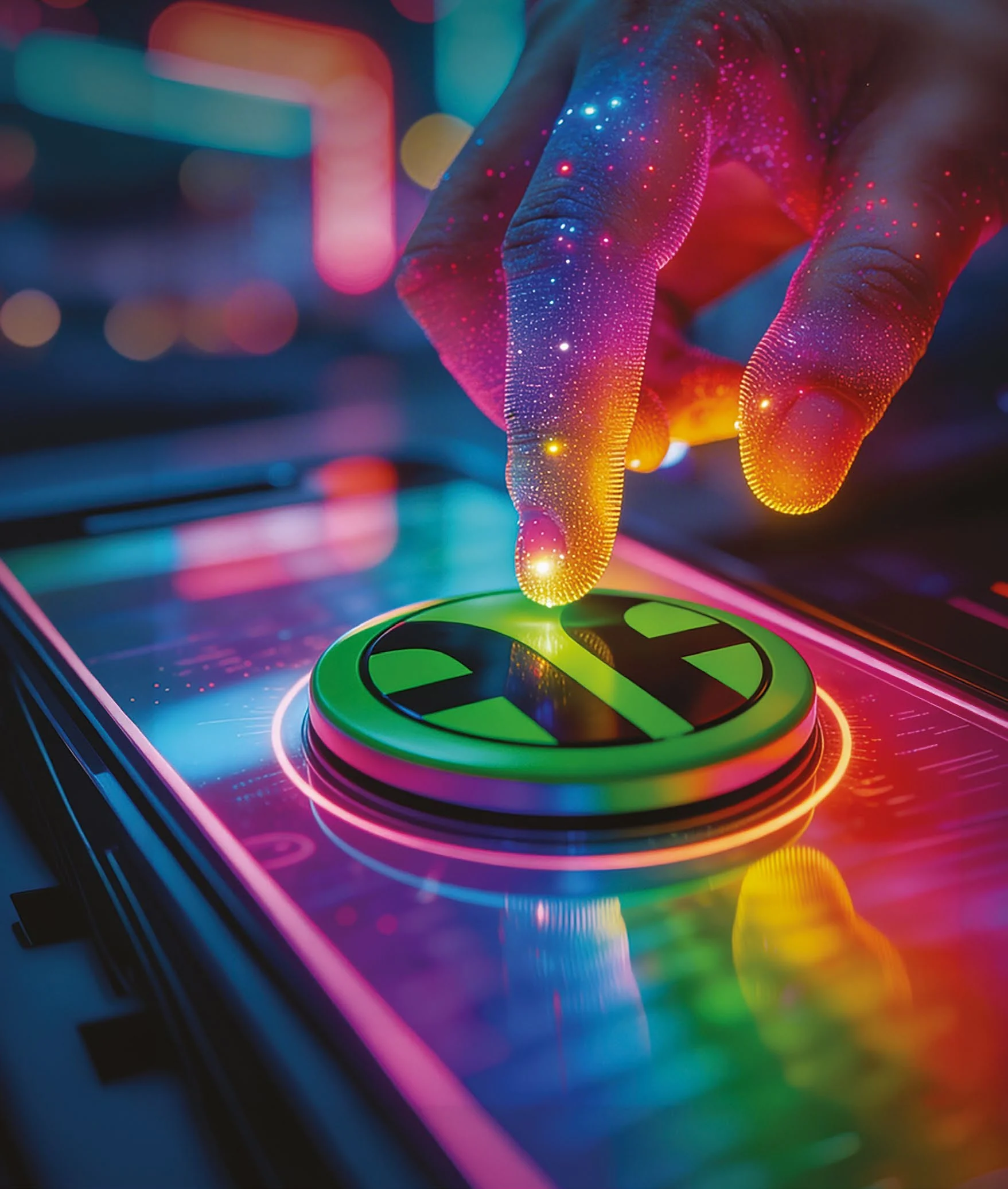 Mão interagindo com uma interface tecnológica multicolorida ligada à indústria gráfica
